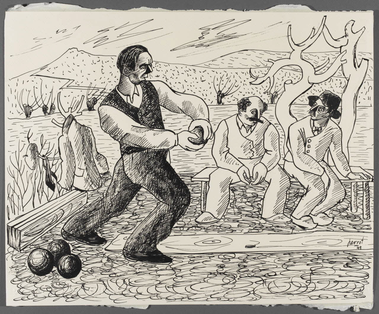 René Perrot dessin Joueurs de quilles Franche-Comté, France 1943 1943.4.8 Photo RMN-Grand Palais (Mucem)/ Franck Raux