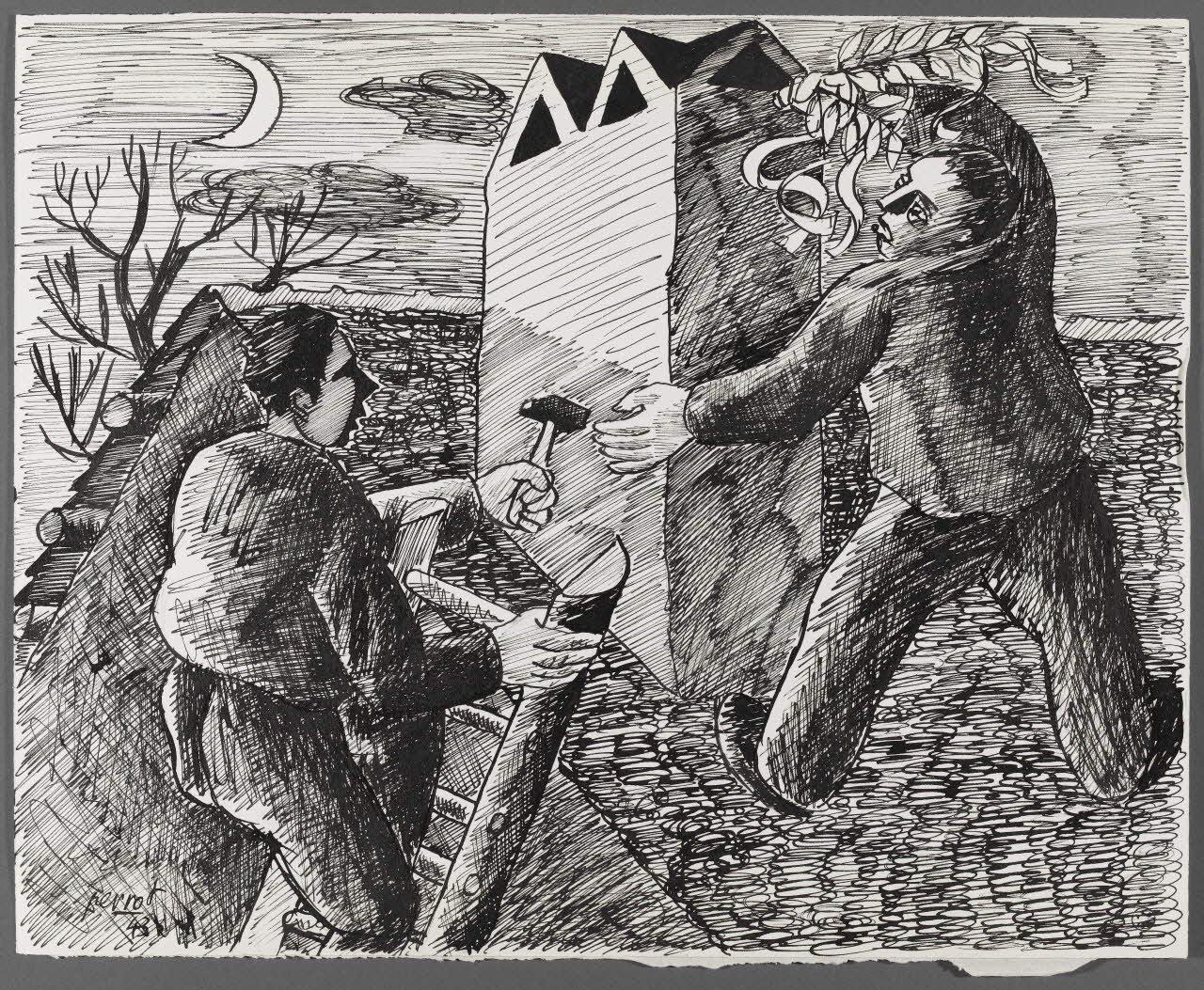 René Perrot dessin Conscrits posant les mais Franche-Comté, France 1943 1943.4.9 Photo RMN-Grand Palais (Mucem)/ Franck Raux