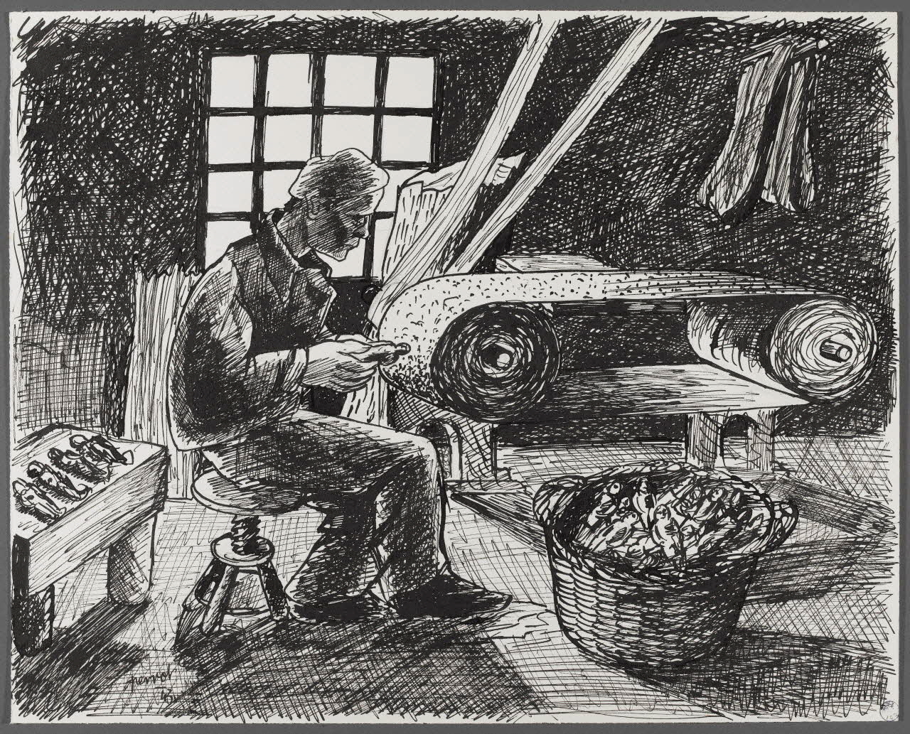 René Perrot dessin Grand'combe, industrie du bois, fabrication des sujets pour jeux de foot-ball Franche-Comté, France 1943 1943.6.10 Photo RMN-Grand Palais (Mucem)
