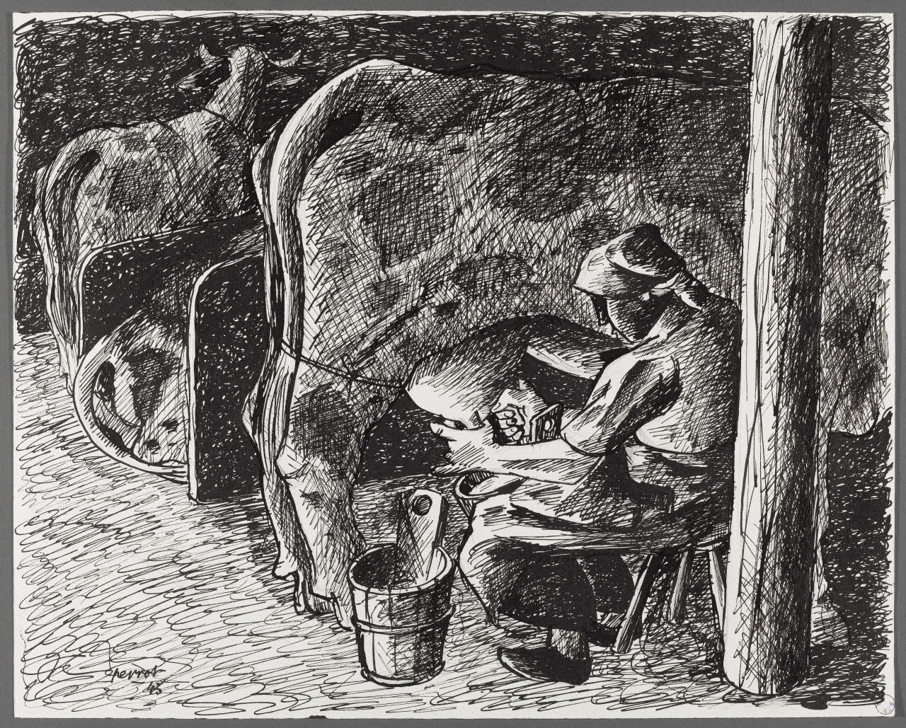 René Perrot dessin Grand'combe, industrie laitière, traite des vaches Franche-Comté, France 1943 1943.6.11 Photo RMN-Grand Palais (Mucem)/ Franck Raux