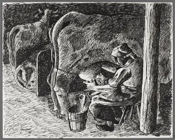 René Perrot dessin Grand'combe, industrie laitière, traite des vaches Franche-Comté, France 1943 1943.6.11 Photo RMN-Grand Palais (Mucem)/ Franck Raux