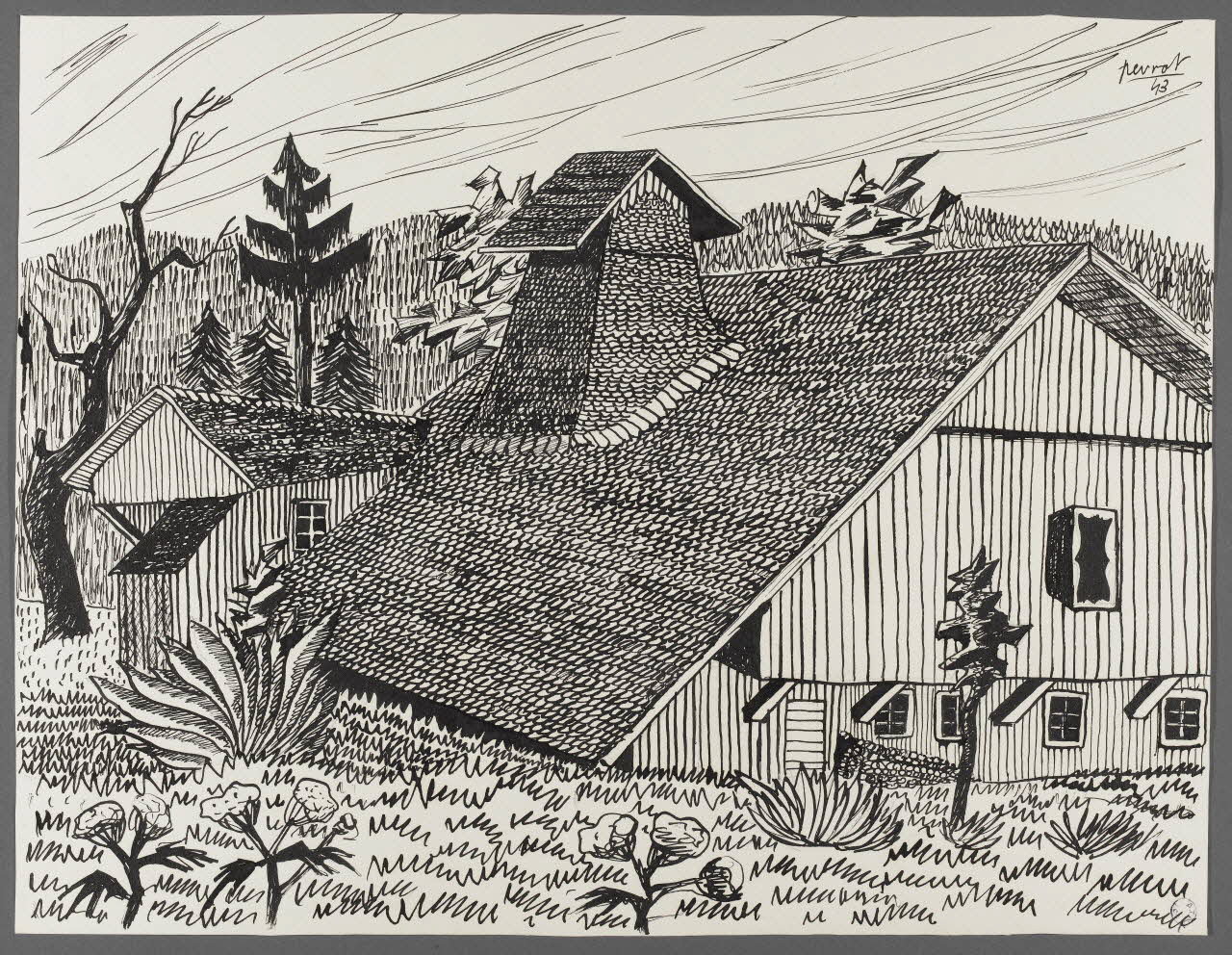 René Perrot dessin Morteau (?), vieille maison de bois couverte de bardeaux Franche-Comté, France 1943 1943.6.2 Photo RMN-Grand Palais (Mucem)