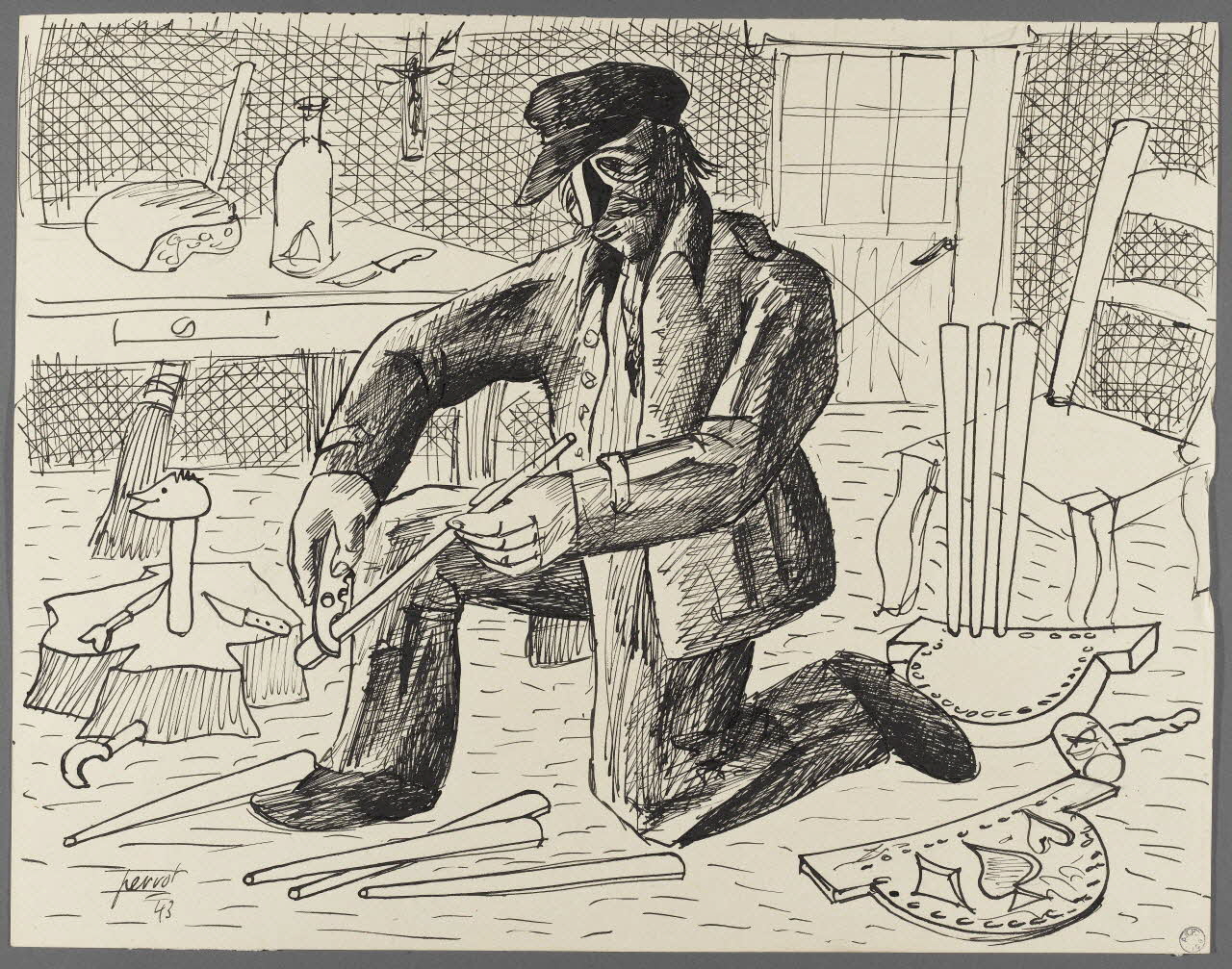 René Perrot dessin Vannier traditionnel : calibrage des montants de la hotte Franche-Comté, France 1943 1943.6.4 Photo Photo RMN-Franck RAUX