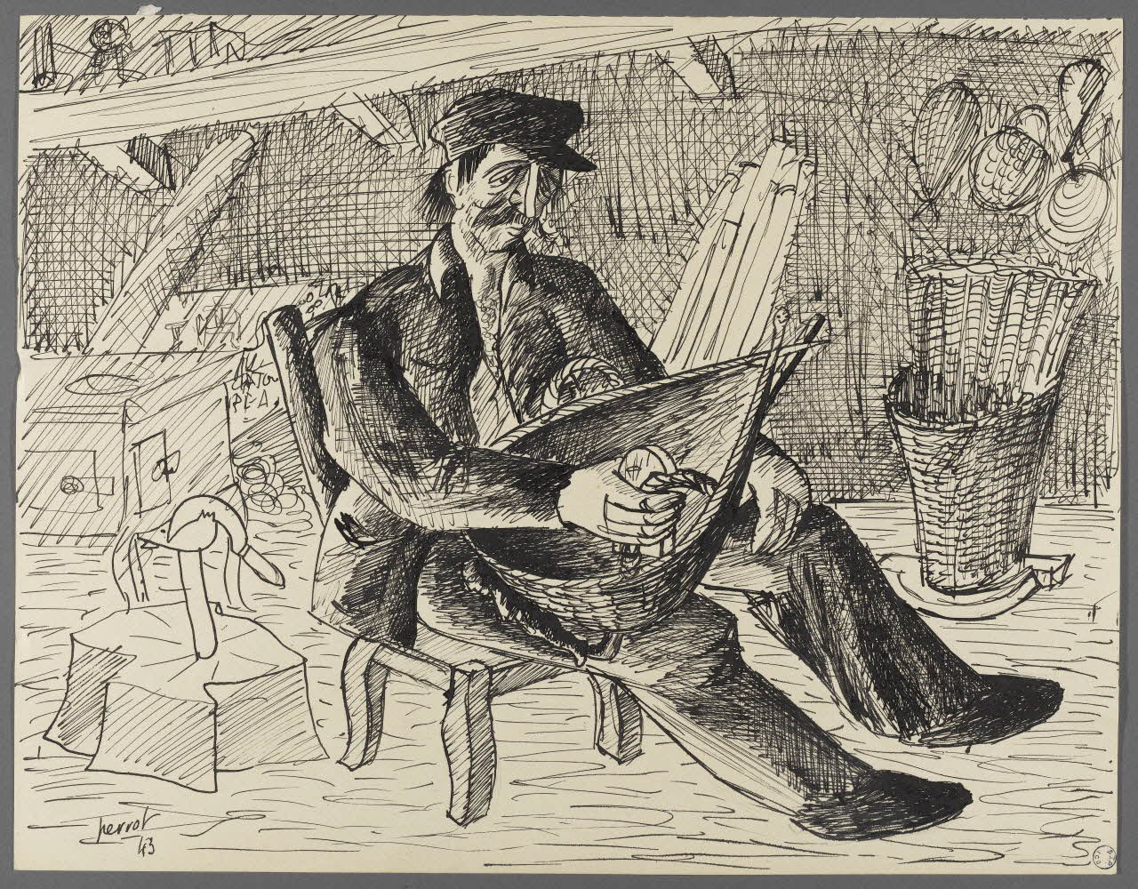 René Perrot dessin Vuillafans, vannier traditionnel : fabrication des paniers à remonter la terre Franche-Comté, France 1943 1943.6.5 Photo Photo RMN-Franck RAUX