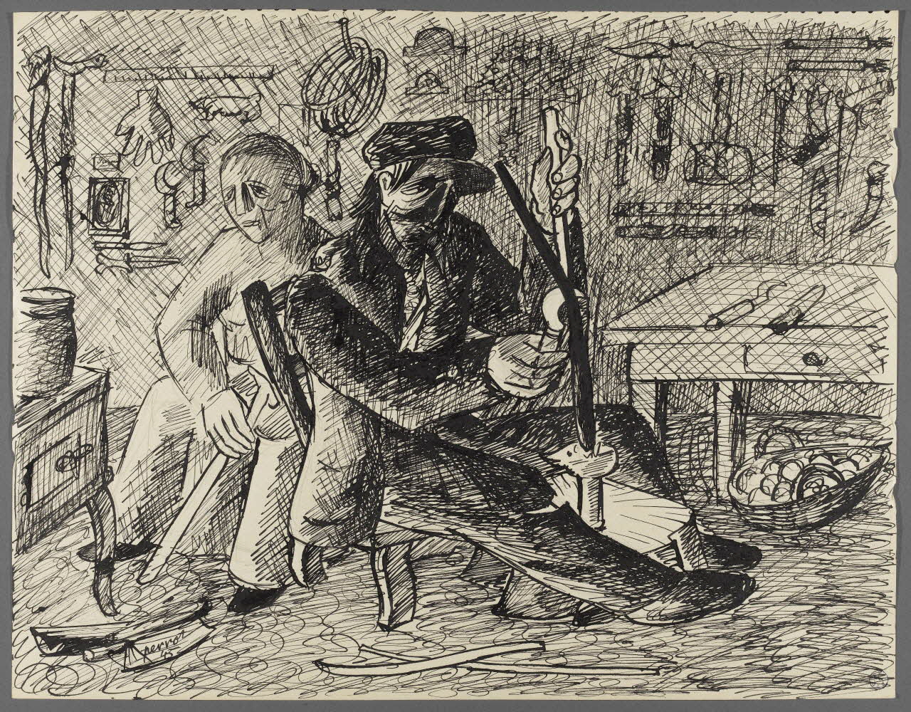 René Perrot dessin Vuillafans, vannier traditionnel : écorçage du frêne Franche-Comté, France 1943 1943.6.6 Photo Photo RMN-Franck RAUX