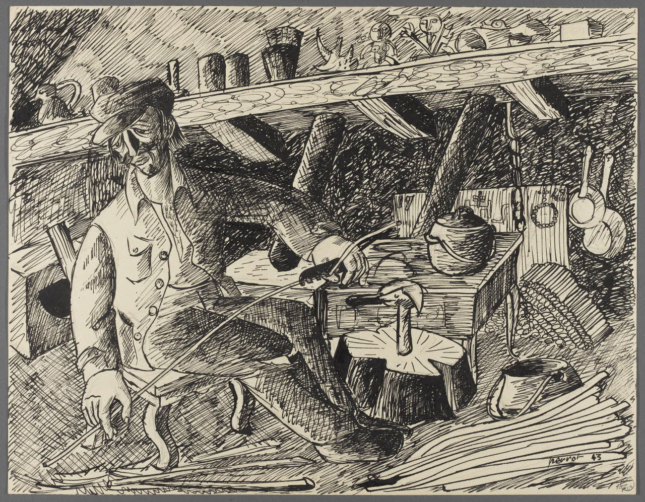René Perrot dessin Vuillafans, vannier traditionnel : calibrage des brins Franche-Comté, France 1943 1943.6.7 Photo RMN-Grand Palais (Mucem)