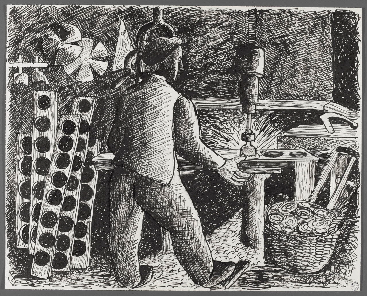 René Perrot dessin La Grand'combe, Chateleu, industrie du bois, fabrication des roulettes pour les jouets d'enfant Franche-Comté, France 1943 1943.6.8 Photo RMN-Grand Palais (Mucem)