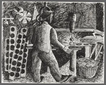 René Perrot dessin La Grand'combe, Chateleu, industrie du bois, fabrication des roulettes pour les jouets d'enfant Franche-Comté, France 1943 1943.6.8 Photo RMN-Grand Palais (Mucem)