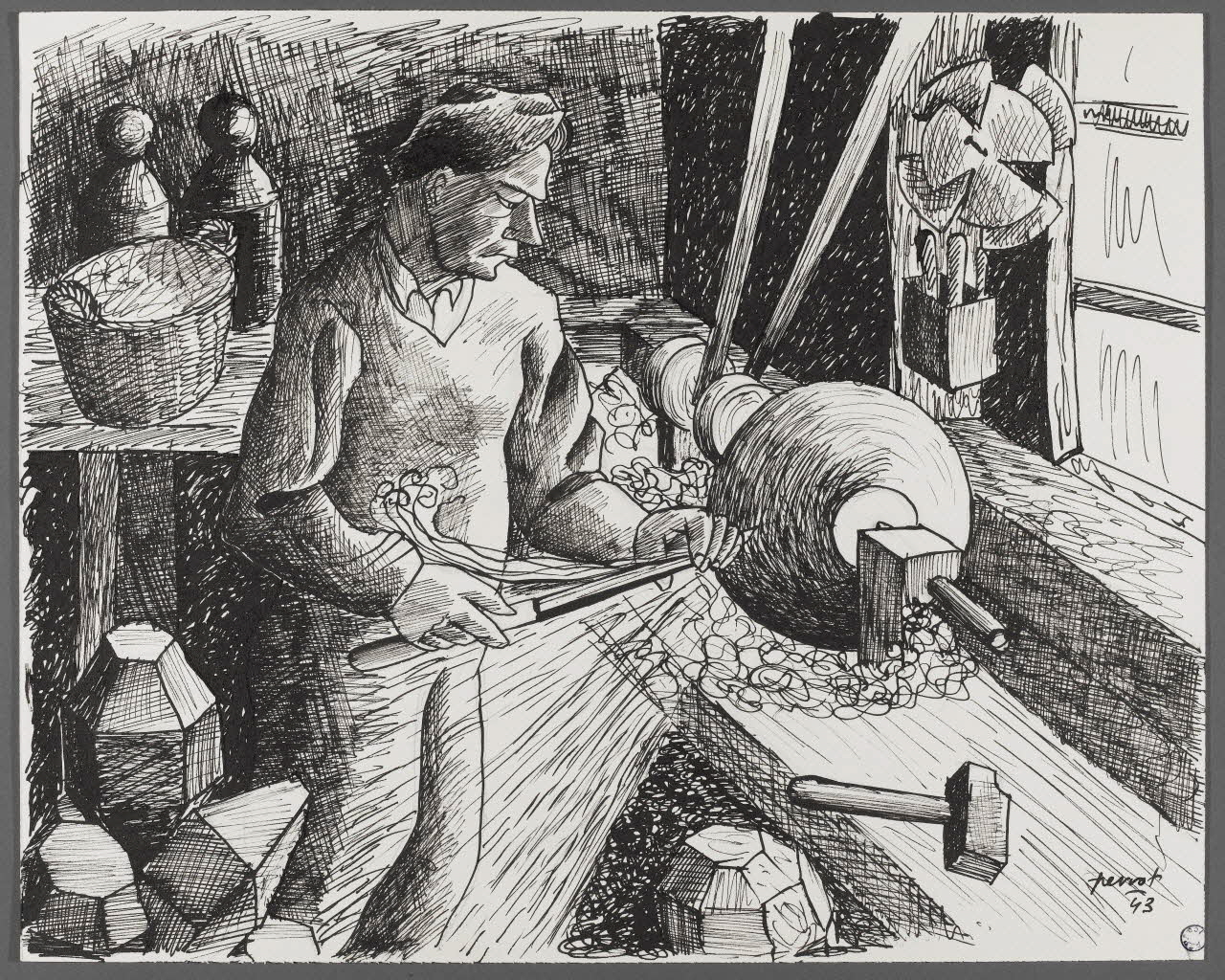 René Perrot dessin Grand'combe, industrie du bois, fabrication des boules de quilles Franche-Comté, France 1943 1943.6.9 Photo RMN-Grand Palais (Mucem)