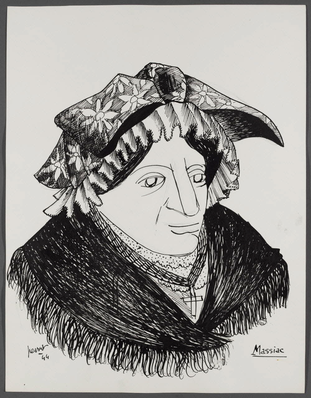 René Perrot dessin Coiffe féminine de Massiac Auvergne, France 1944 1944.10.13 Photo Photo RMN-Franck RAUX