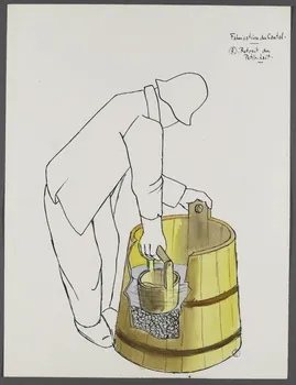 René Perrot dessin Fabrication du Cantal.  3. Retrait du  Petit-lait. Auvergne, France 1944 1944.10.3 Photo RMN-Grand Palais (Mucem)/ Franck Raux