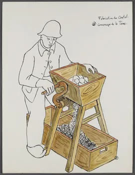 René Perrot dessin Fabrication du Cantal.  5 Concassage de la Tome. Auvergne, France 1944 1944.10.5 Photo RMN-Grand Palais (Mucem)