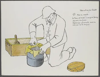 René Perrot dessin Fabrication du Cantal  7 Mise au moule Auvergne, France 1944 1944.10.7 Photo RMN-Grand Palais (Mucem)
