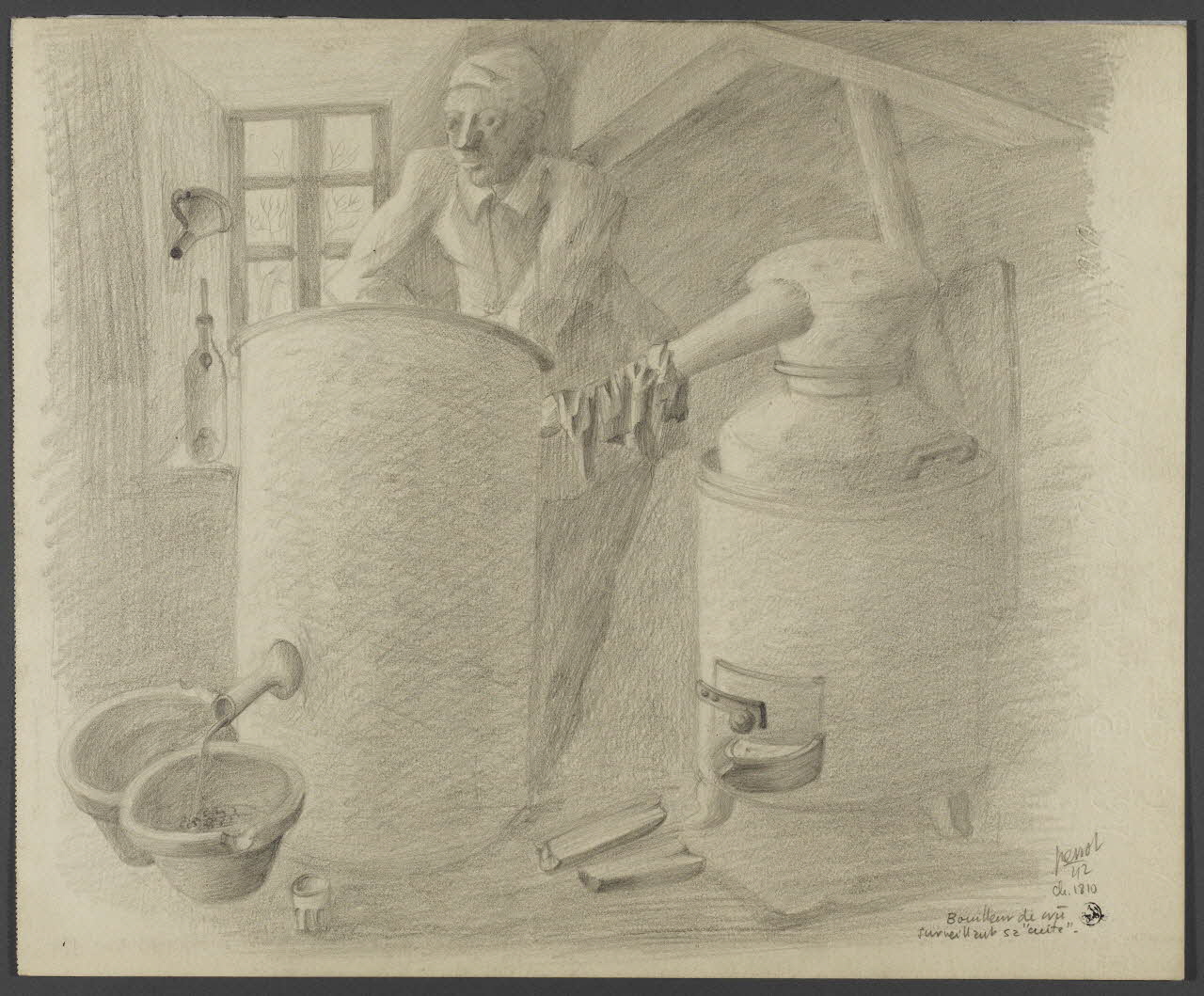 René Perrot dessin Bouilleur de cru  surveillant sa "cuite" Franche-Comté, France 1942 1944.7.13 Photo Photo RMN-Franck RAUX