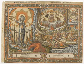 Saulce Guillaume imagerie ancienne Le livre ouvert est par l'Ange tresmunde,  Et la mort tue & les Roys & le monde. Paris 1550-1582 2004.38.11 Photo RMN-Grand Palais (Mucem)