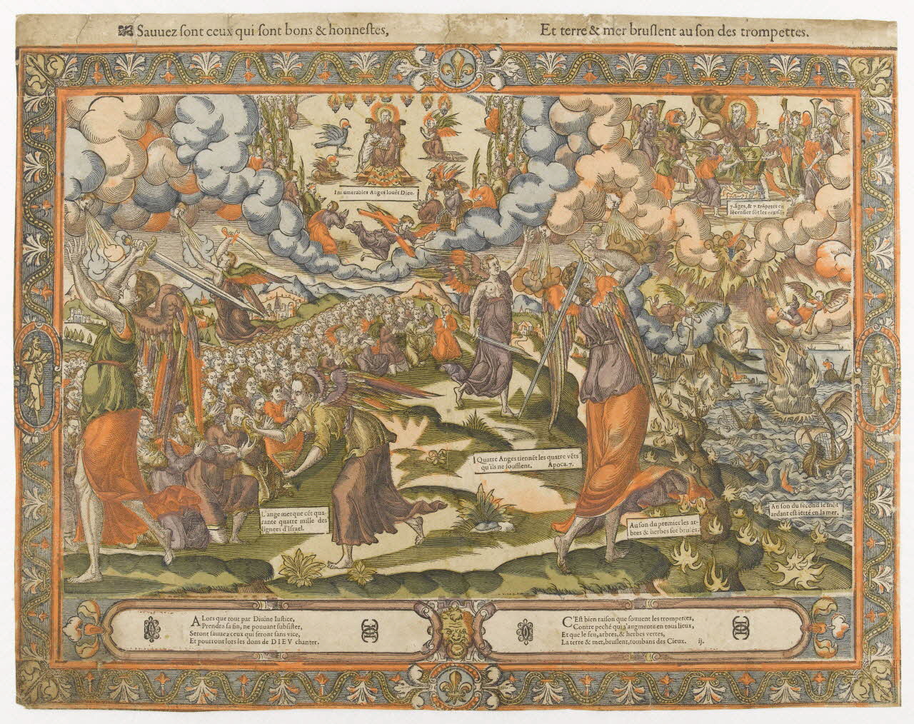 Saulce Guillaume imagerie ancienne Sauvez sont ceux qui sont bons & honnestes,  Et terre & mer bruslent au son des trompettes. Paris 1550-1582 2004.38.12 Photo RMN-Grand Palais (Mucem)