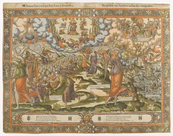 Saulce Guillaume imagerie ancienne Sauvez sont ceux qui sont bons & honnestes,  Et terre & mer bruslent au son des trompettes. Paris 1550-1582 2004.38.12 Photo RMN-Grand Palais (Mucem)
