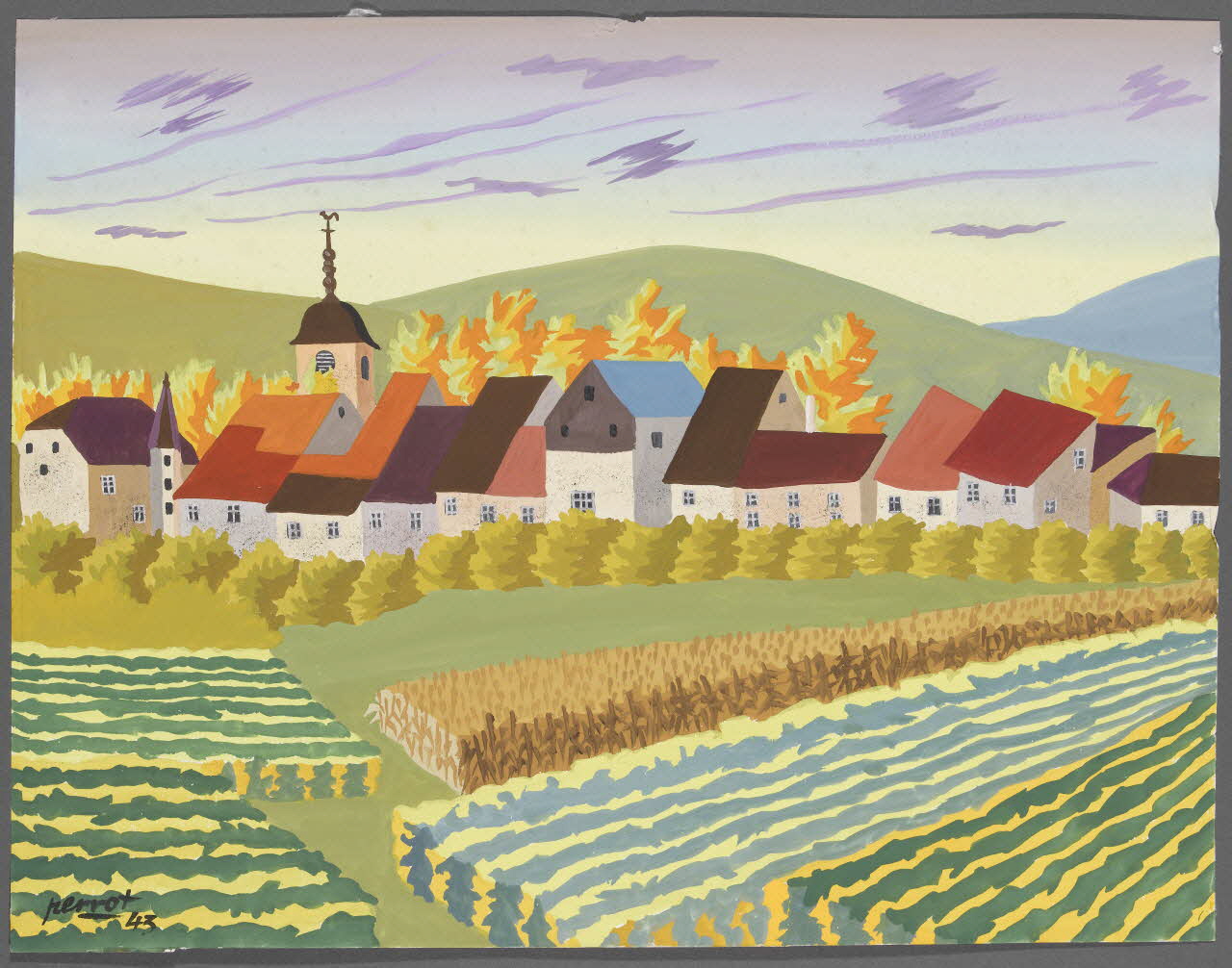 René Perrot dessin Vue de Montigny-les-Arsures (Jura) Franche-Comté, France 1943 1943.18.11 Photo RMN-Grand Palais (Mucem)/ Franck Raux
