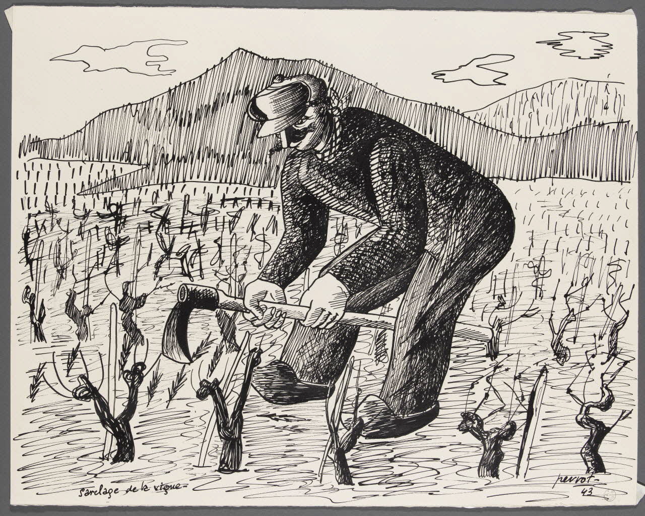 René Perrot dessin Sarclage de la vigne Franche-Comté, France 1943 1943.4.100 Photo RMN-Grand Palais (Mucem)/ Franck Raux