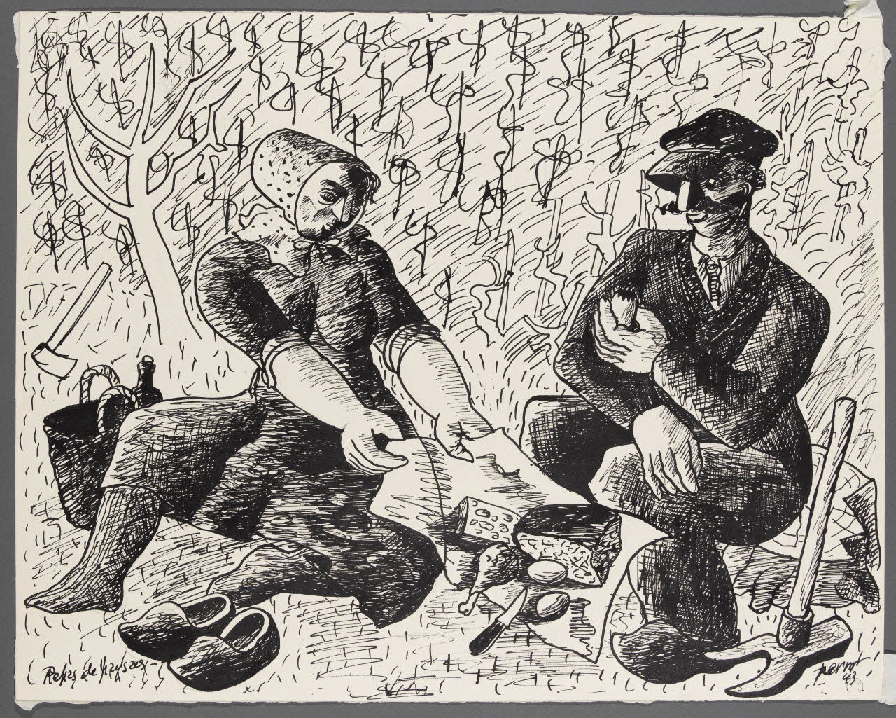 René Perrot dessin Repas de paysans Franche-Comté, France 1943 1943.4.102 Photo RMN-Grand Palais (Mucem)