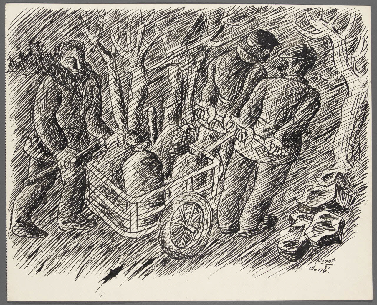 René Perrot dessin Hommes tirant une remorque Franche-Comté, France 1942 1943.4.43 Photo RMN-Grand Palais (Mucem)