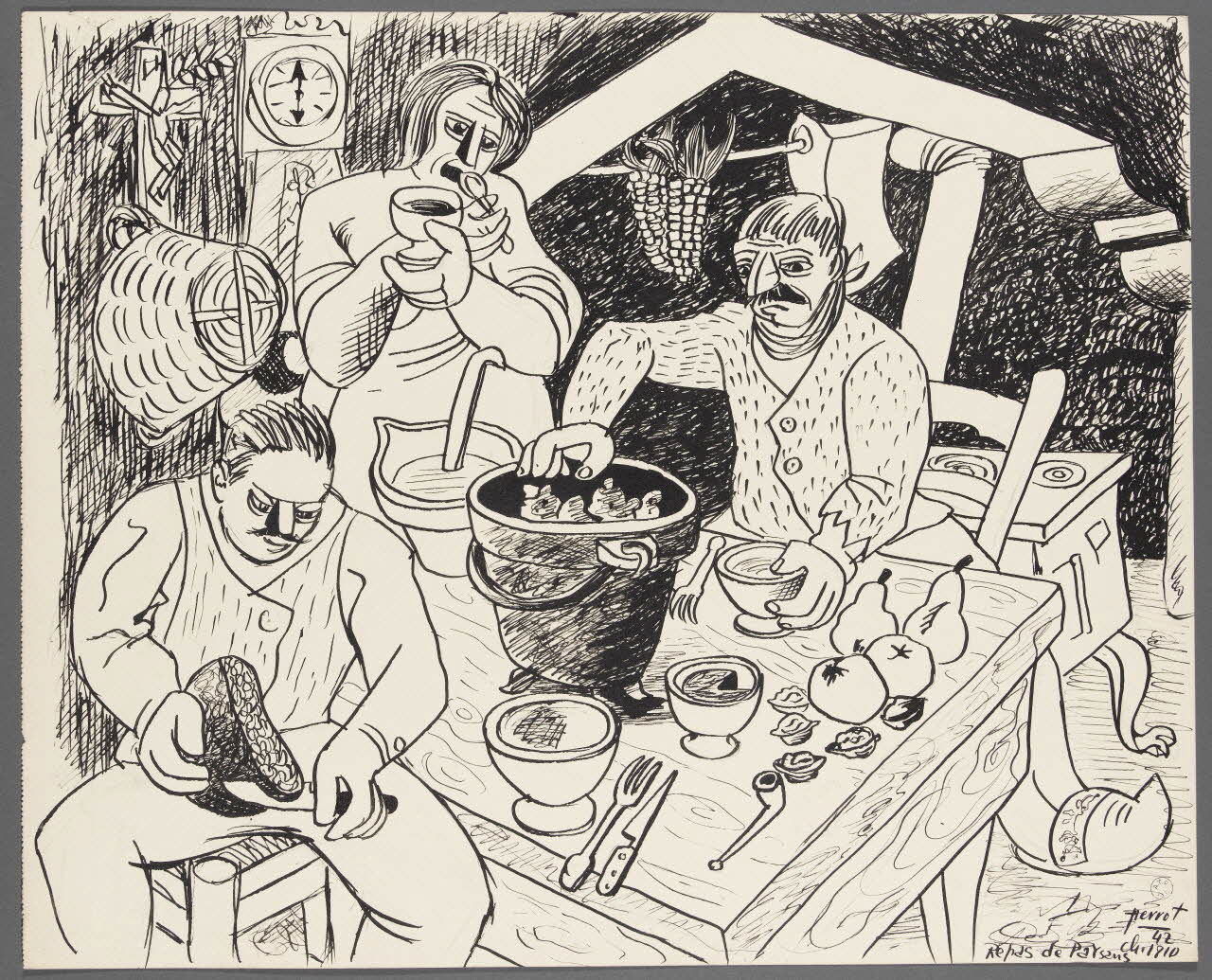 René Perrot dessin Repas de paysans Franche-Comté, France 1942 1943.4.47 Photo RMN-Grand Palais (Mucem)