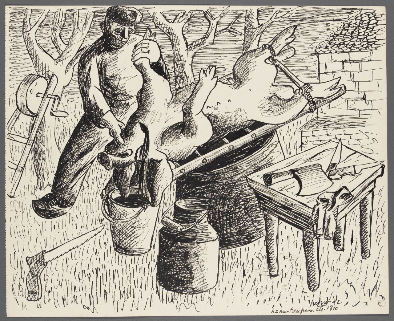 René Perrot dessin La mort du porc. Franche-Comté, France 1942 1943.4.53 Photo RMN-Grand Palais (Mucem)/ Franck Raux