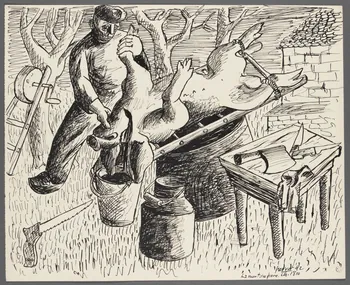 René Perrot dessin La mort du porc. Franche-Comté, France 1942 1943.4.53 Photo RMN-Grand Palais (Mucem)/ Franck Raux