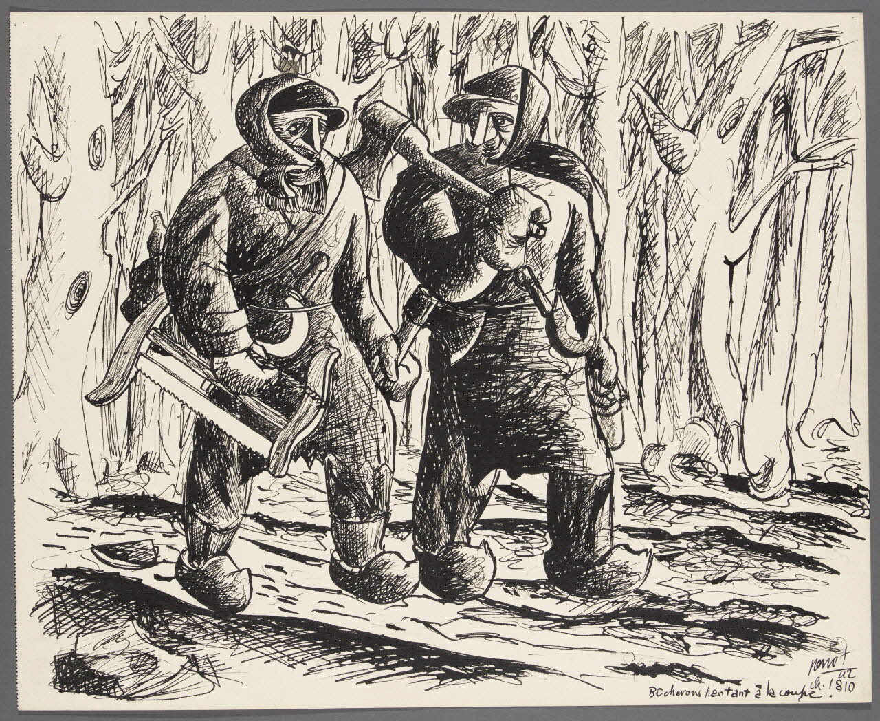 René Perrot dessin Bûcherons partant à la coupe. Franche-Comté, France 1942 1943.4.57 Photo RMN-Grand Palais (Mucem)
