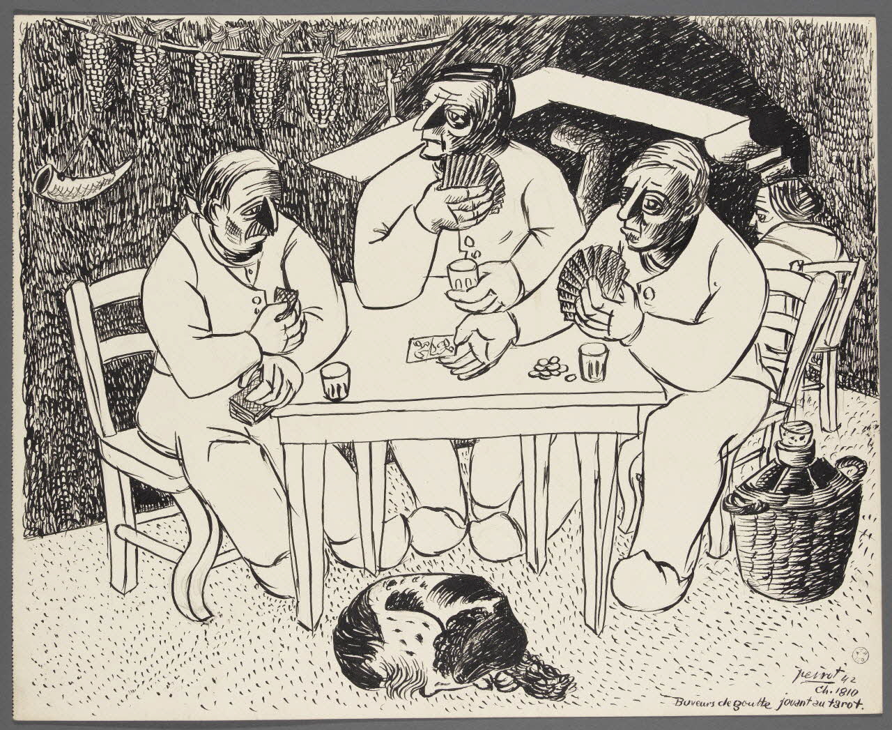 René Perrot dessin Buveurs de goutte jouant au tarot. Franche-Comté, France 1942 1943.4.58 Photo RMN-Grand Palais (Mucem)