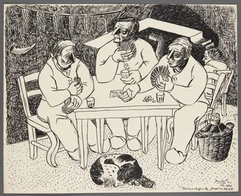 René Perrot dessin Buveurs de goutte jouant au tarot. Franche-Comté, France 1942 1943.4.58 Photo RMN-Grand Palais (Mucem)