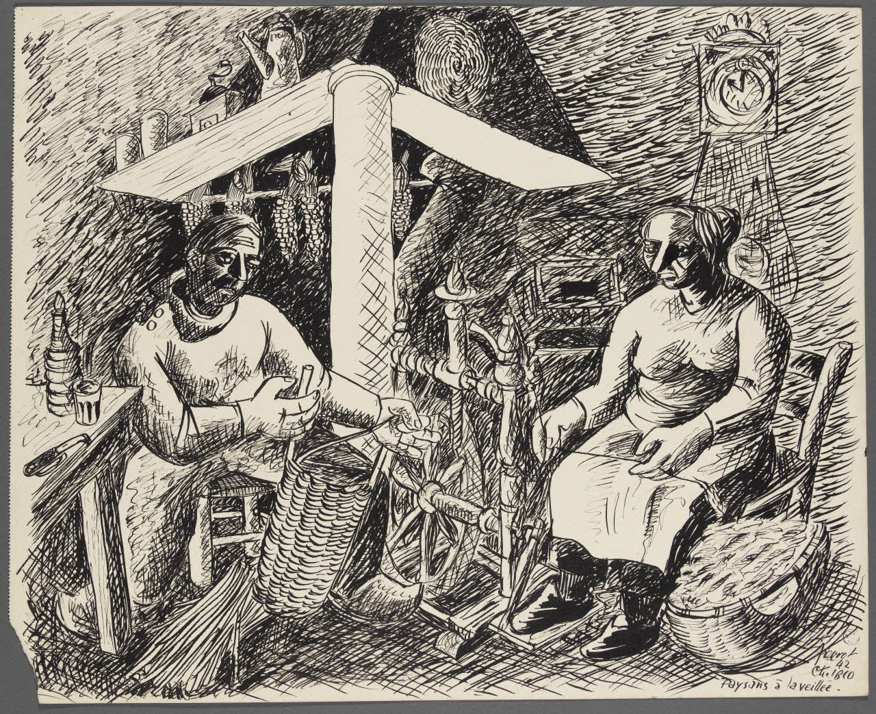 René Perrot dessin Paysans à la veillée. Franche-Comté, France 1942 1943.4.59 Photo RMN-Grand Palais (Mucem)