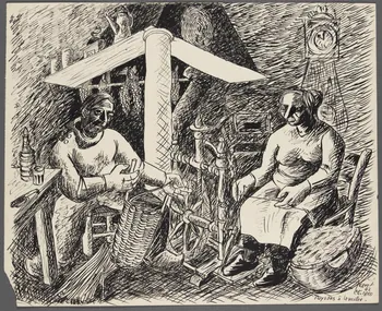 René Perrot dessin Paysans à la veillée. Franche-Comté, France 1942 1943.4.59  Photo RMN-Grand Palais (Mucem)