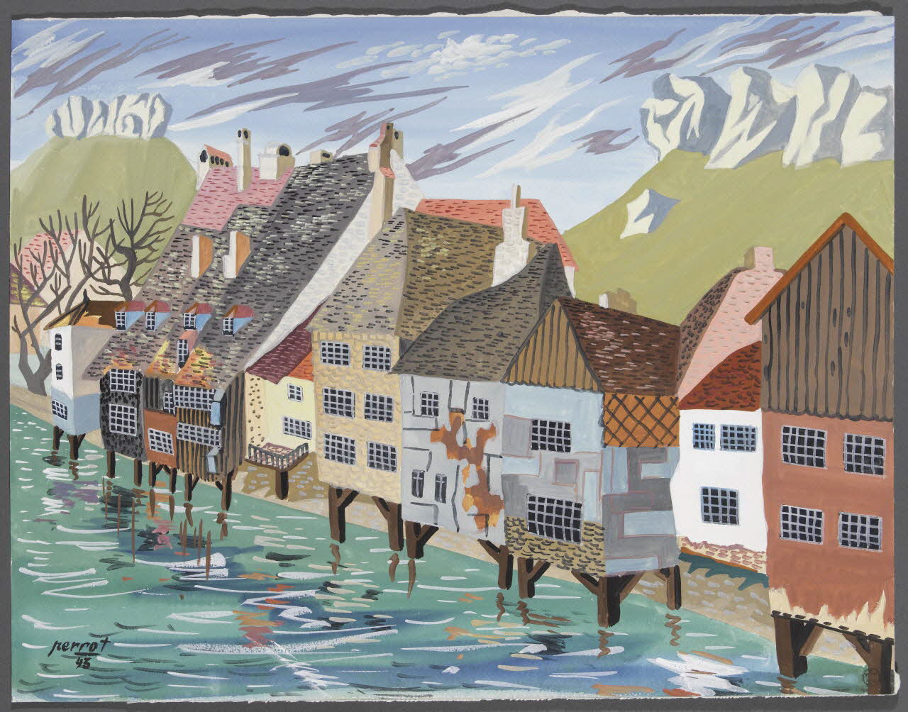 René Perrot dessin Ornans, maisons sur pilotis Franche-Comté, France 1943 1943.4.71 Photo RMN-Grand Palais (Mucem)/ Franck Raux