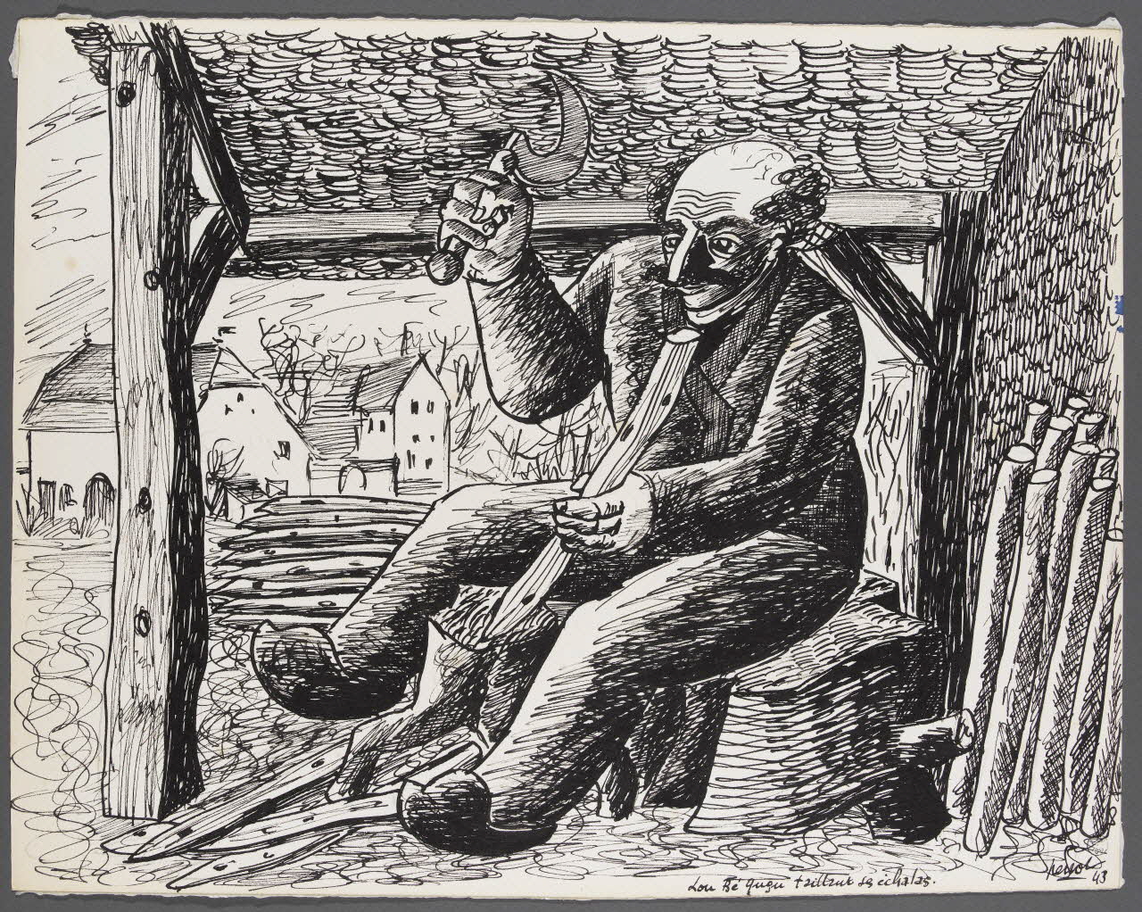 René Perrot dessin Lou Bé Gugu taillant ses échalas Franche-Comté, France 1943 1943.4.94 Photo RMN-Grand Palais (Mucem)
