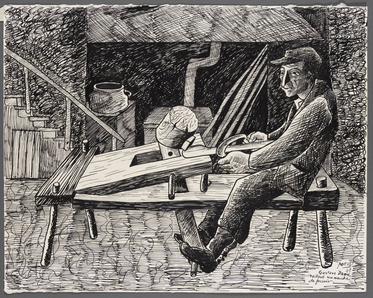 René Perrot dessin Gustave Dame  taillant un manche  de fossoir Franche-Comté, France 1943 1943.4.95 Photo RMN-Grand Palais (Mucem)/ Franck Raux