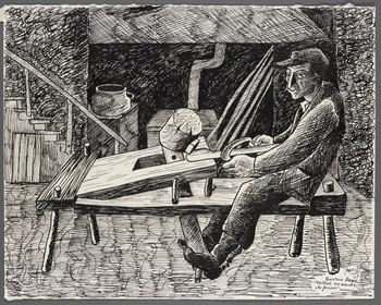 René Perrot dessin Gustave Dame  taillant un manche  de fossoir Franche-Comté, France 1943 1943.4.95 Photo RMN-Grand Palais (Mucem)/ Franck Raux