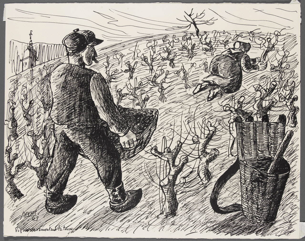René Perrot dessin Vignerons remontant la terre Franche-Comté, France 1943 1943.4.97 Photo RMN-Grand Palais (Mucem)