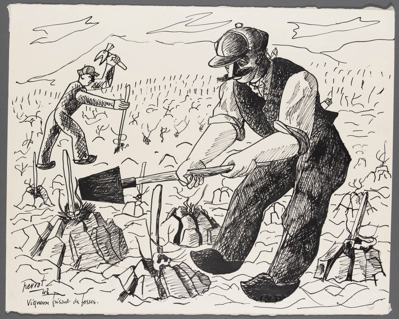 René Perrot dessin Vigneron faisant des fosses Franche-Comté, France 1943 1943.4.98 Photo RMN-Grand Palais (Mucem)