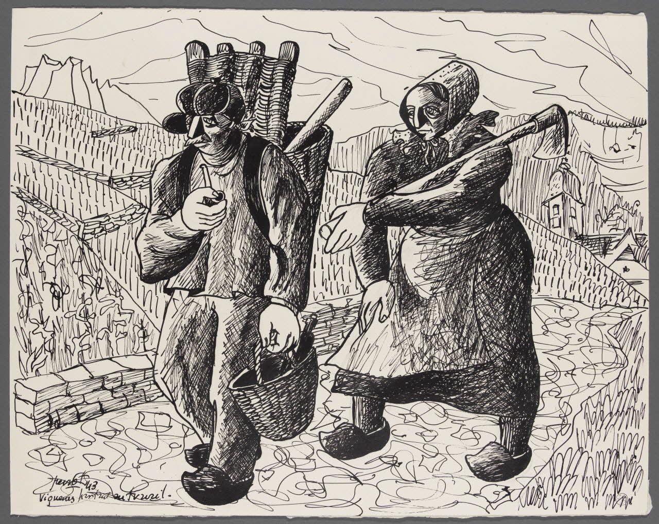 René Perrot dessin Vignerons partant au travail Franche-Comté, France 1943 1943.4.99 Photo RMN-Grand Palais (Mucem)/ Franck Raux