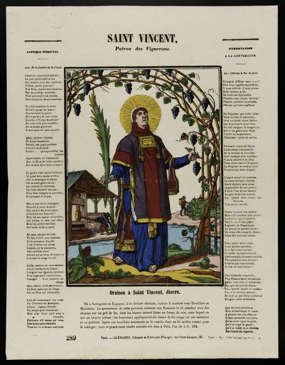François Lacour ; Charles-Eugène Glémarec estampe SAINT VINCENT,  Patron des Vignerons. Paris 1858-1860 1953.86.397 Photo