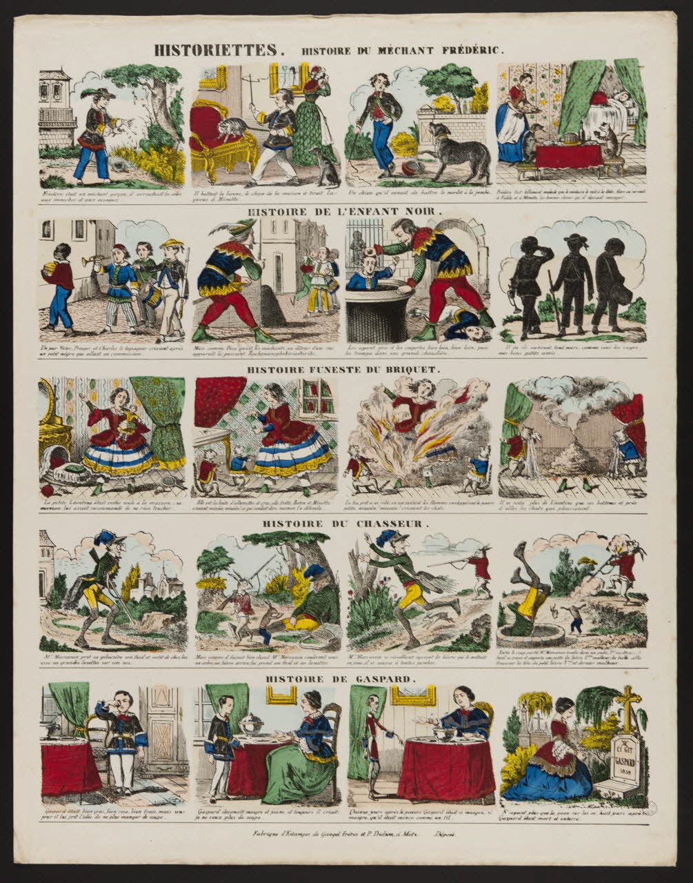Gangel et Didion estampe HISTORIETTES. HISTOIRE DU MECHANT FREDERIC.  HISTOIRE DE L'ENFANT NOIR.  HISTOIRE FUNESTE DU BRIQUET.  HISTOIRE DU CHASSEUR.  HISTOIRE DE GASPARD. Metz 1858-1868 1953.86.3990 Photo