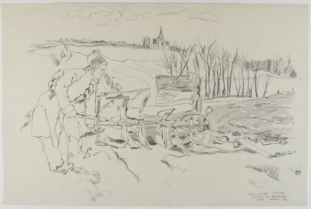 André Jordan dessin LABOURAGE D'HIVER  CLOCHER DE BOUBIERS  OISE Picardie, France 1942 1943.3.22 Photo RMN-Grand Palais (Mucem)