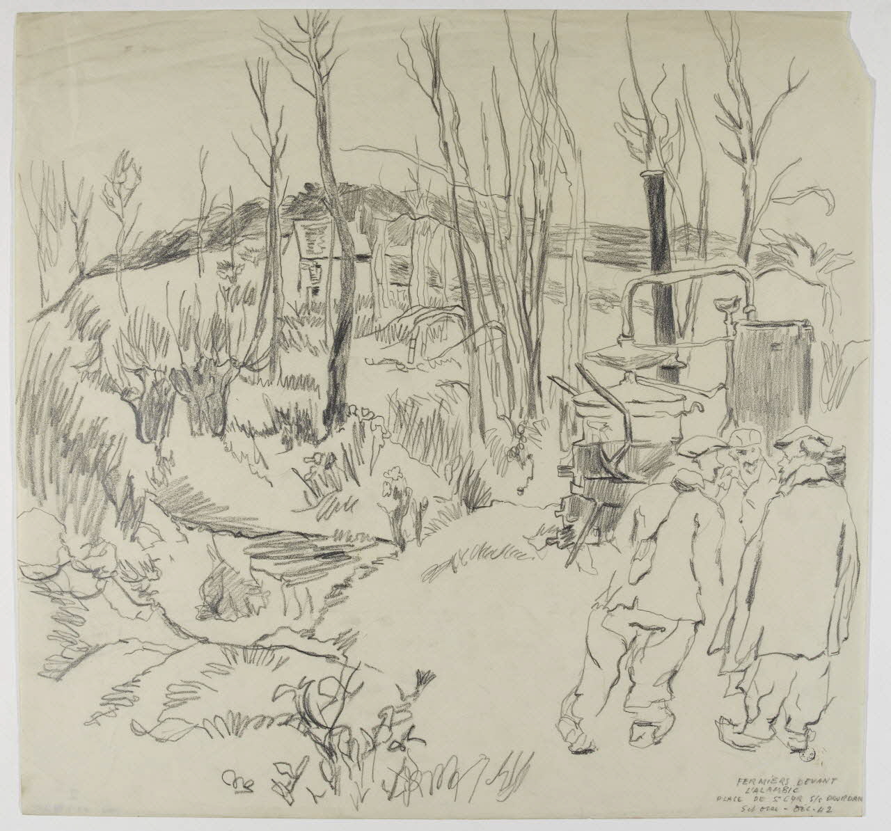 André Jordan dessin FERMIERS DEVANT  L'ALAMBIC  PLACE DE St CYR SS DOURDAN  S et OISE Ile-de-France, France 1942 1943.3.27 Photo RMN-Grand Palais (Mucem)