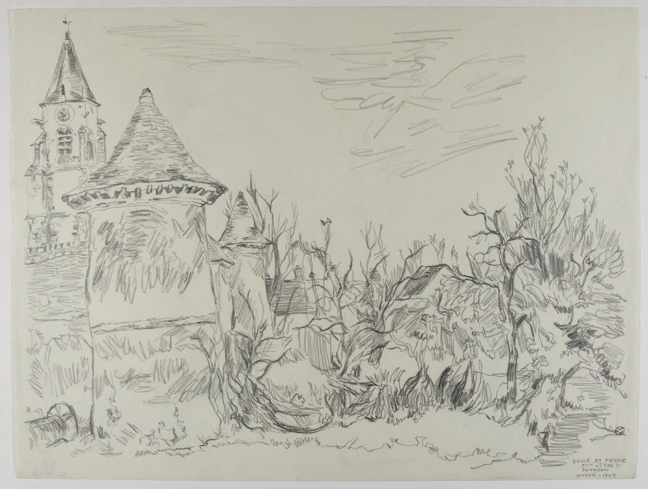 André Jordan dessin EGLISE ET FERME  XIIIème a St CYR-s  DOURDAN Saint-Cyr-sous-Dourdan 1943 1943.3.31 Photo RMN-Grand Palais (Mucem)