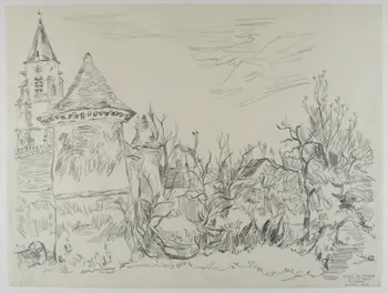 André Jordan dessin EGLISE ET FERME  XIIIème a St CYR-s  DOURDAN Saint-Cyr-sous-Dourdan 1943 1943.3.31 Photo RMN-Grand Palais (Mucem)