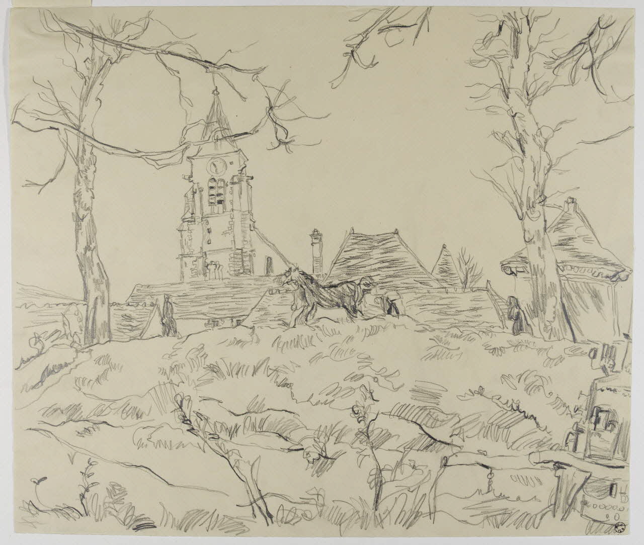 André Jordan dessin EGLISE RURALE  ET FERME BORDES  LOUIS XIII  ST CYR S DOURDAN  S et OISE Saint-Cyr-sous-Dourdan 1943 1943.3.33 Photo RMN-Grand Palais (Mucem)