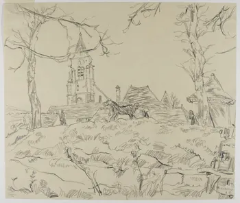 André Jordan dessin EGLISE RURALE  ET FERME BORDES  LOUIS XIII  ST CYR S DOURDAN  S et OISE Saint-Cyr-sous-Dourdan 1943 1943.3.33 Photo RMN-Grand Palais (Mucem)