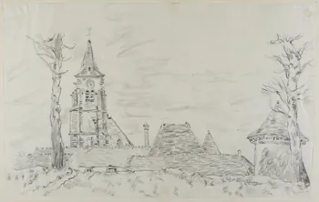 André Jordan dessin Eglise de Dourdan vue des toits Saint-Cyr-sous-Dourdan 1938-1948 1943.3.6 Photo RMN-Grand Palais (Mucem)