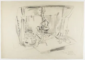 André Jordan dessin Chenets et  crémaillère  cheminée de  Mr Gabriel à la Bate Ile-de-France 1943 1943.3.15 Photo RMN-Grand Palais (Mucem)
